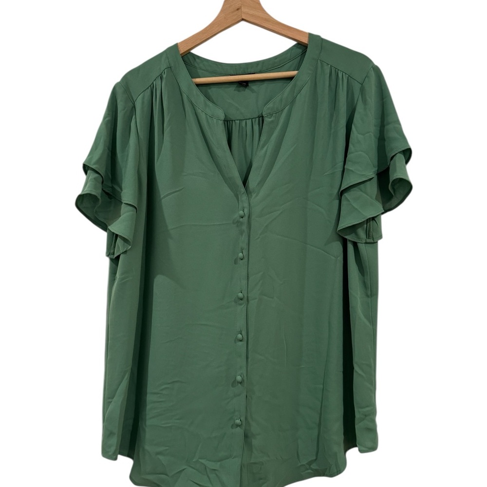 Ann Taylor Green Ruffled Flutter Sleeve Blouse